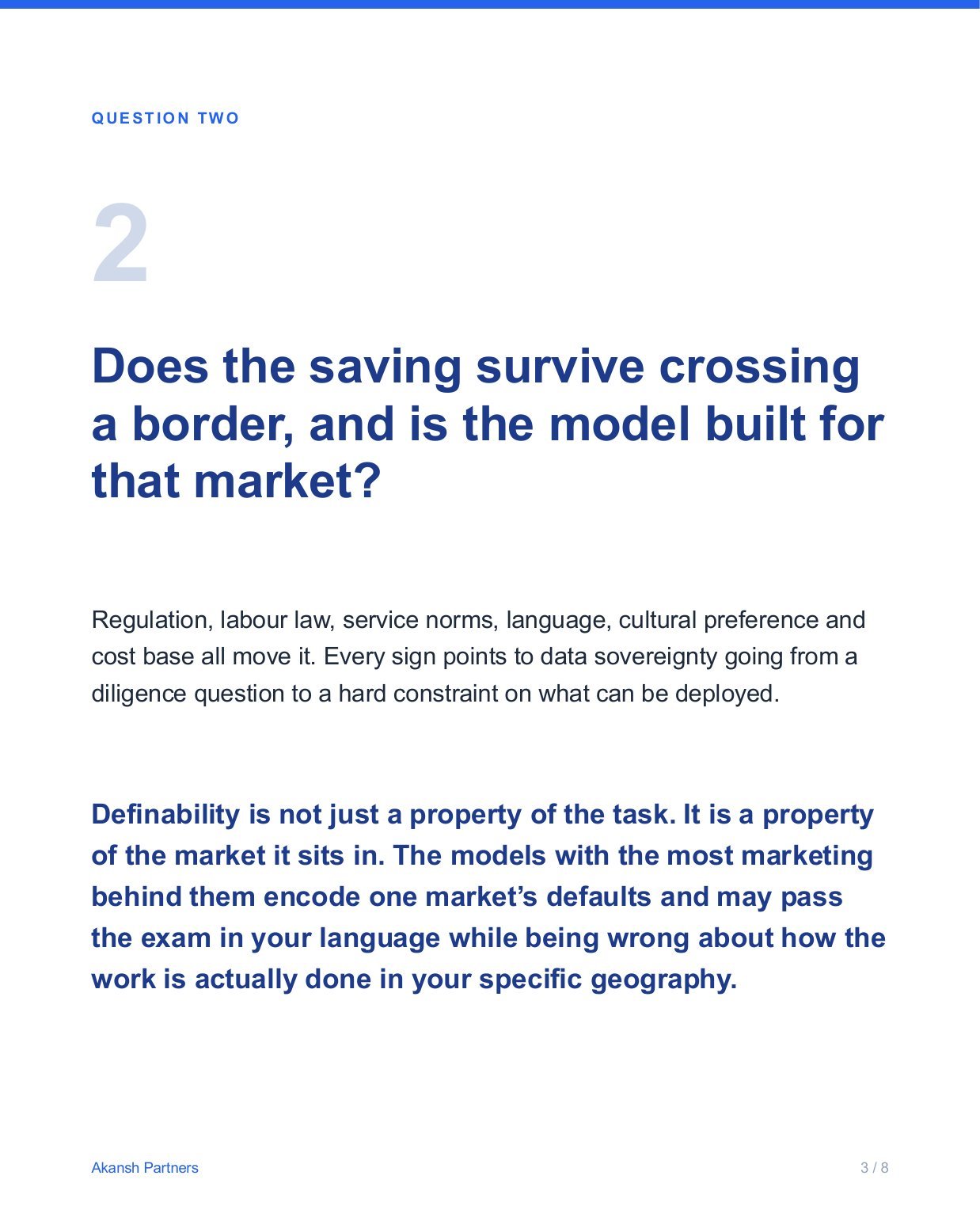 Slide 3 of 8. Question two: does the saving survive crossing a border, and is the model built for that market?