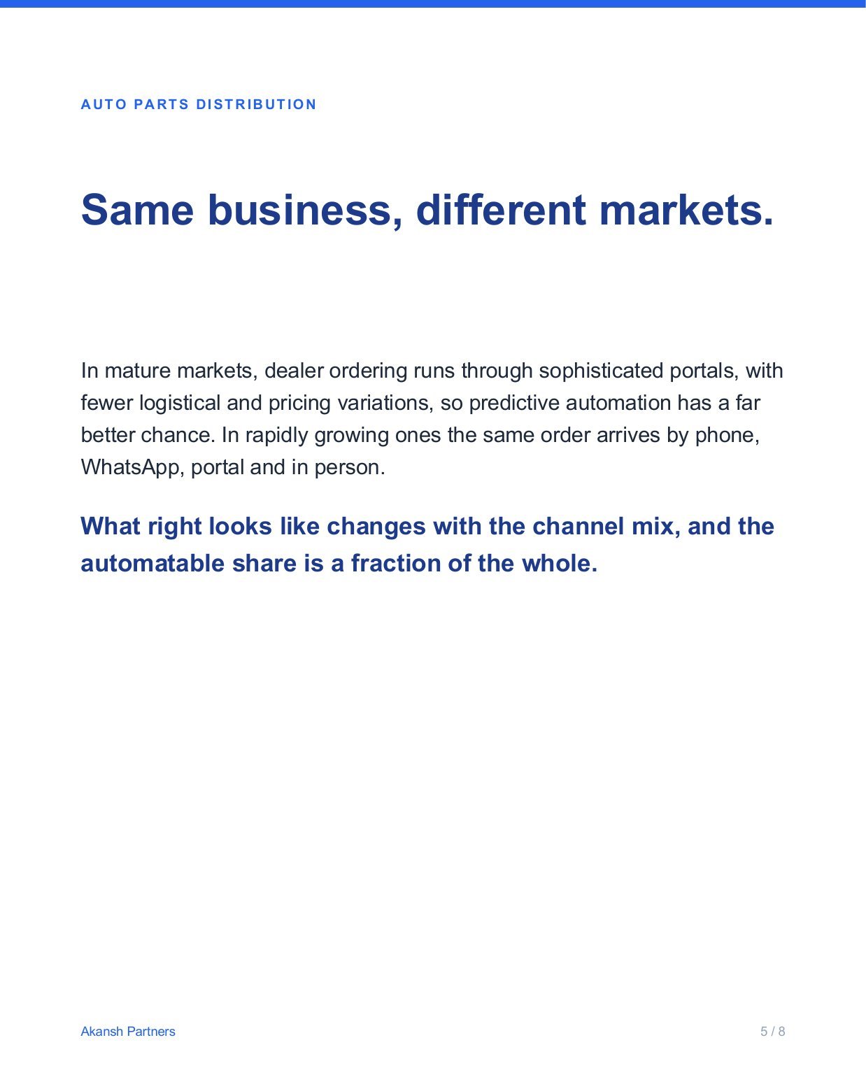 Slide 5 of 8. Auto parts distribution: same business, different markets. What right looks like changes with the channel mix.
